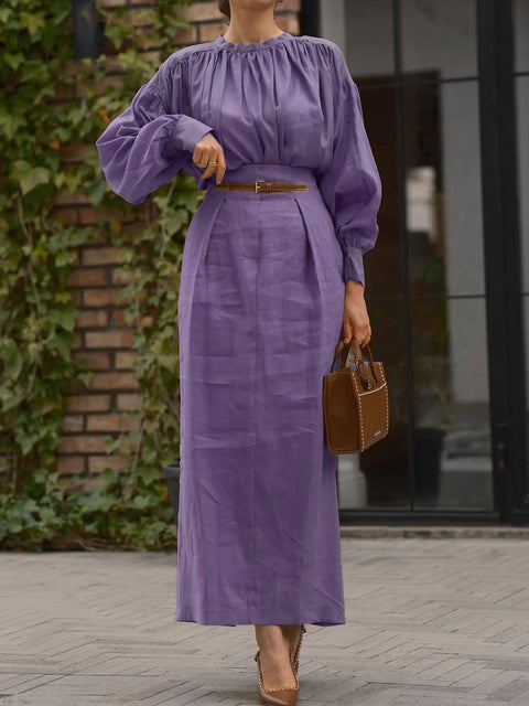 Pleated High Collar Shirt and Skirt Linen Two-piece Suit