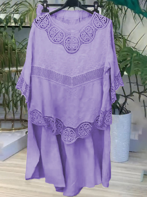 Women's Lace Linen Shirt and Pants Two Piece Set