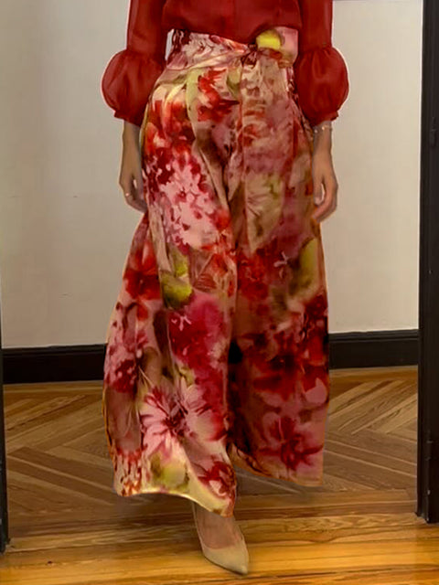 Elegant Lantern Sleeve Top and Floral Skirt Two-Piece Set