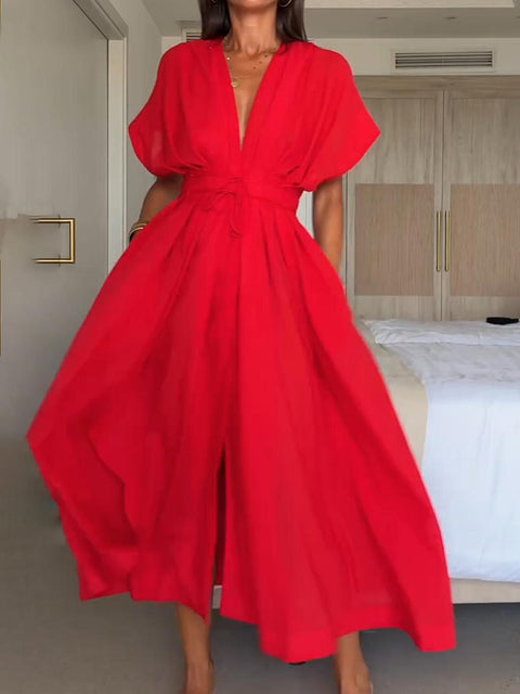 Women's V-neck Lace-up Toby Midi Dress