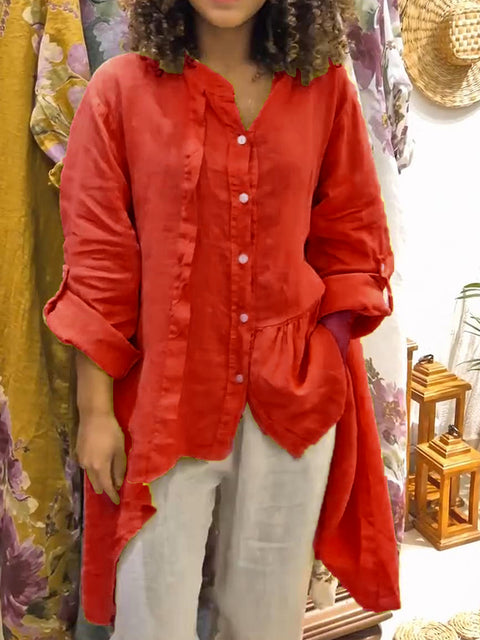 Irregular Hem Cotton and Linen Long-sleeved Top