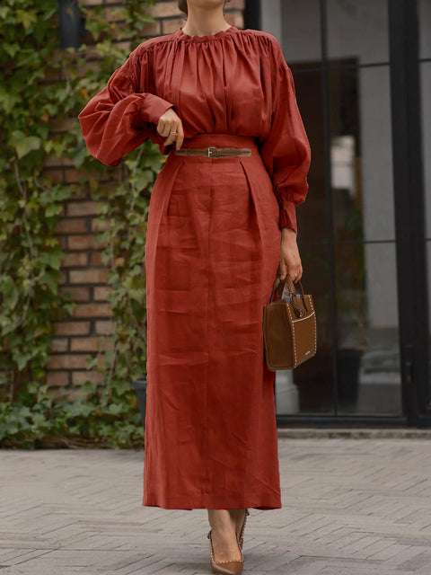 Pleated High Collar Shirt and Skirt Linen Two-piece Suit