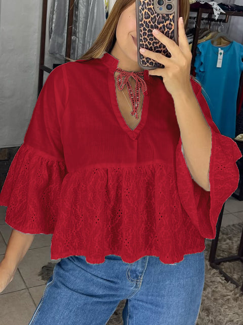 Women's Elegant Lace Flared Sleeve Shirt Top