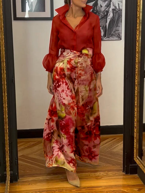 Elegant Lantern Sleeve Top and Floral Skirt Two-Piece Set