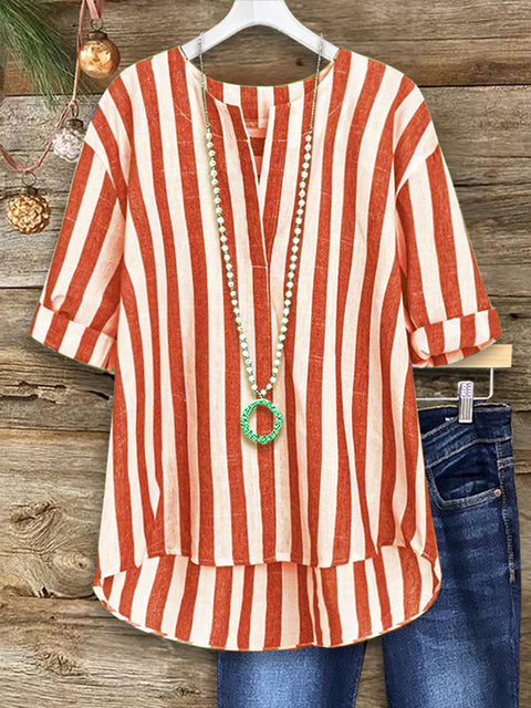 Women's Two-tone Striped Cotton and Linen Top