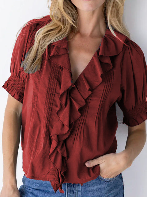 Ruffled V-neck Pleated Cotton Shirt