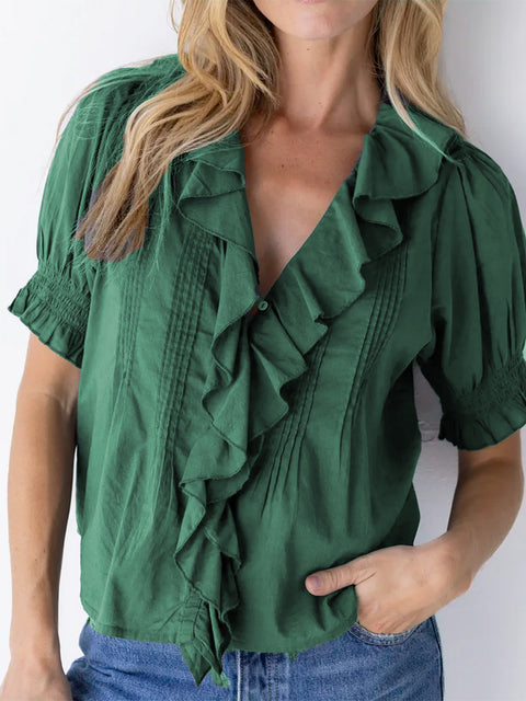 Ruffled V-neck Pleated Cotton Shirt