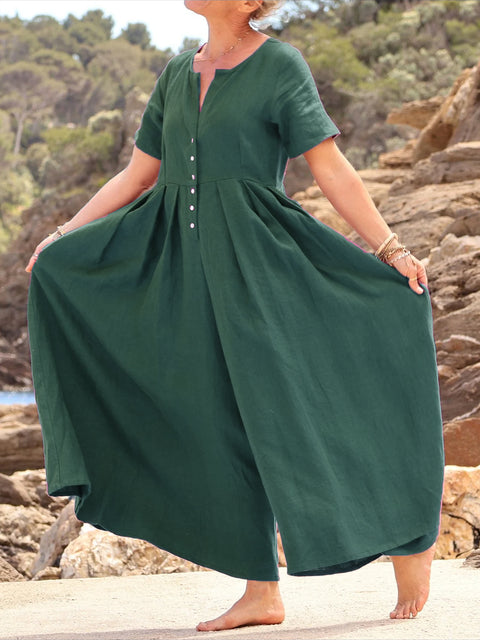 Wide-pleated Button-down Cotton and Linen Jumpsuit