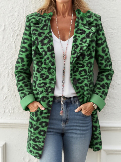 Animal Print Cuffs Color-block Woolen Coat