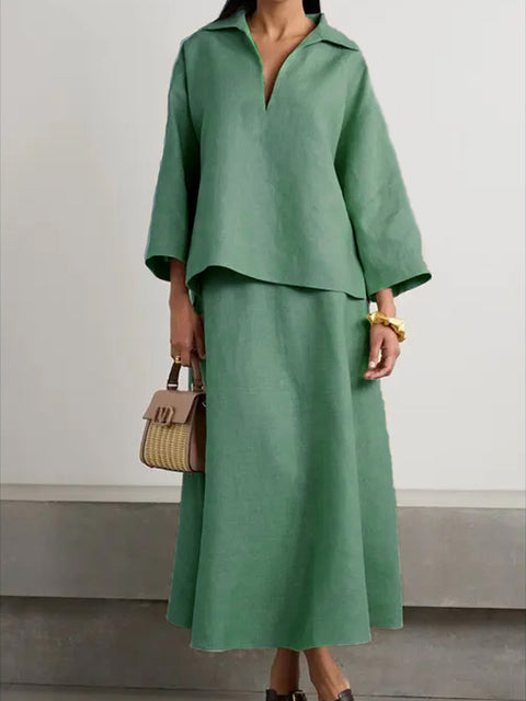 Women's V-neck Top and Skirt Linen Two-piece Suit