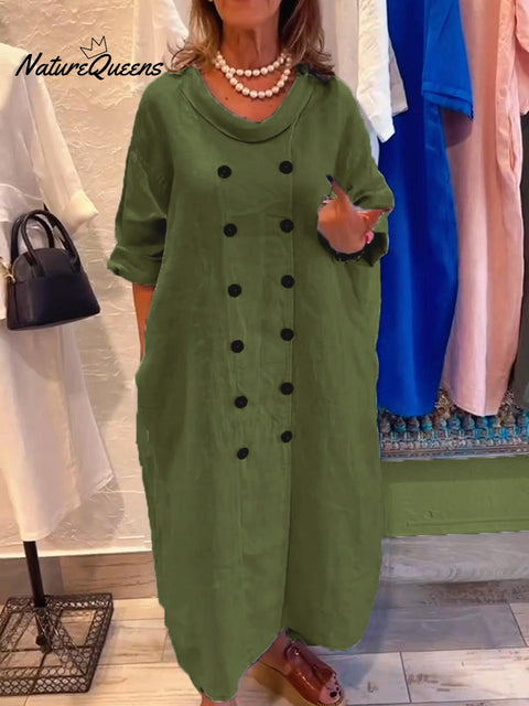 Women's Loose Button Cotton and Linen Dress