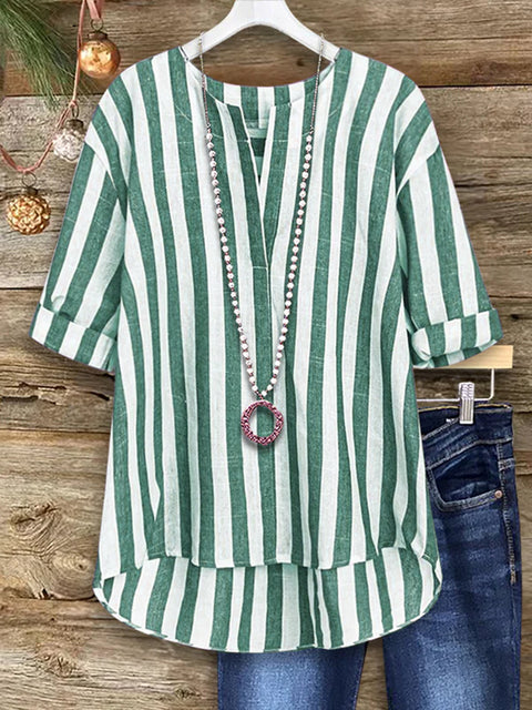 Women's Two-tone Striped Cotton and Linen Top