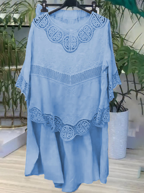 Women's Lace Linen Shirt and Pants Two Piece Set
