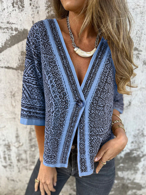 Retro Totem Print Cotton and Linen Top