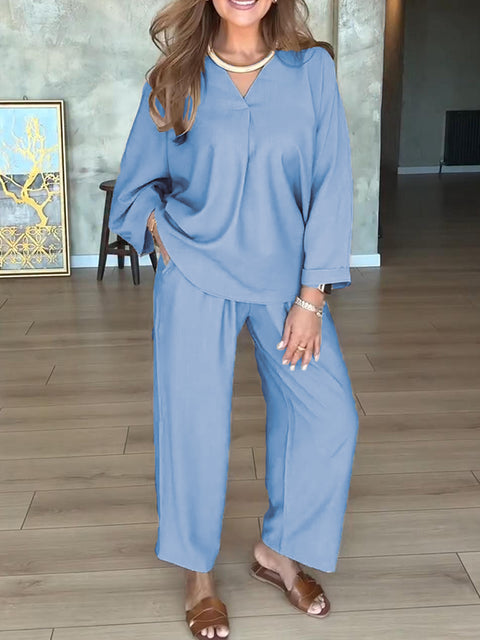 Casual Solid Color V-neck Top and Pants Two-piece Set