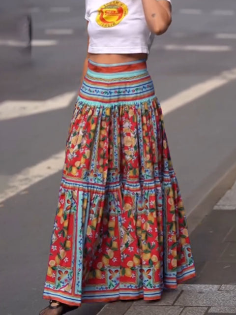 Women's Retro Lemon Flower Print Skirt