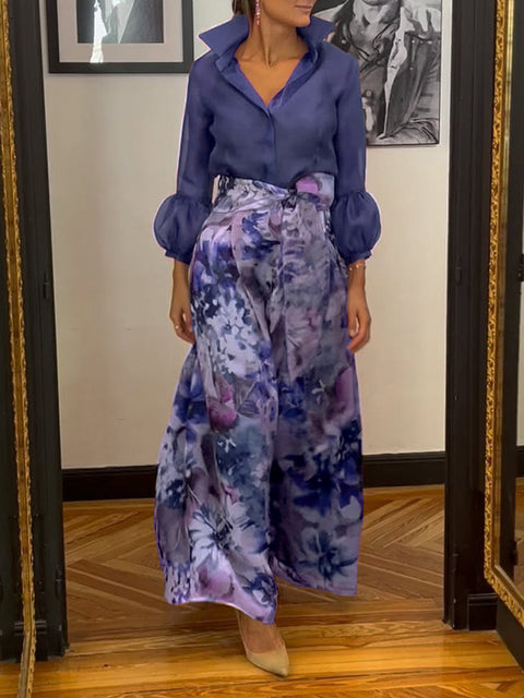 Elegant Lantern Sleeve Top and Floral Skirt Two-Piece Set