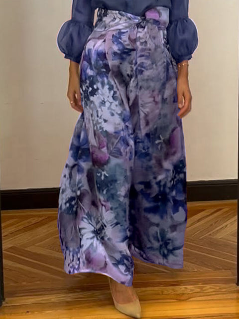 Elegant Lantern Sleeve Top and Floral Skirt Two-Piece Set
