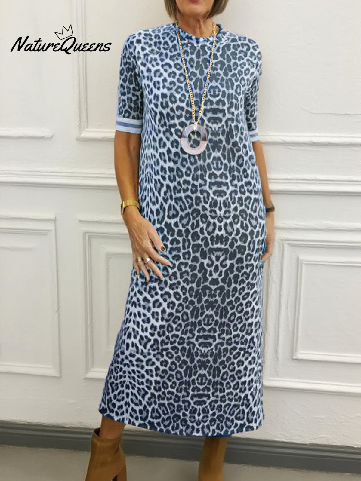 Animal Pattern Round Neck Midi Dress
