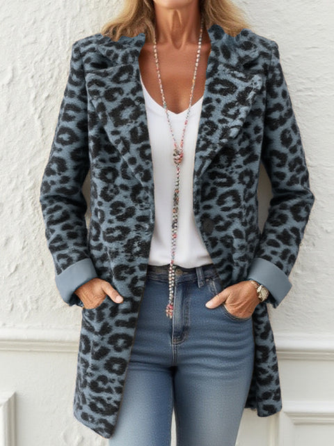 Animal Print Cuffs Color-block Woolen Coat