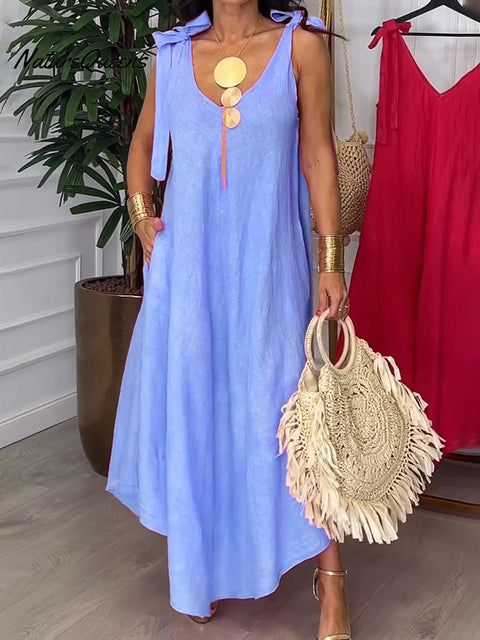 Tie-strap Bow Cotton and Linen Dress