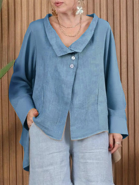 Lapel Buttoned Irregular Hem Linen Top