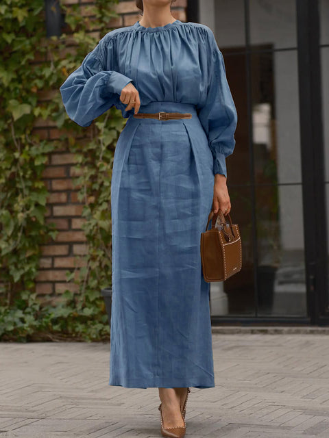 Pleated High Collar Shirt and Skirt Linen Two-piece Suit