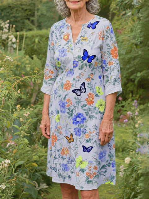 Flower and Butterfly Cotton and Linen Dress