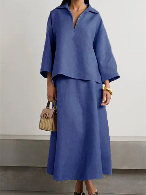 Women's V-neck Top and Skirt Linen Two-piece Suit