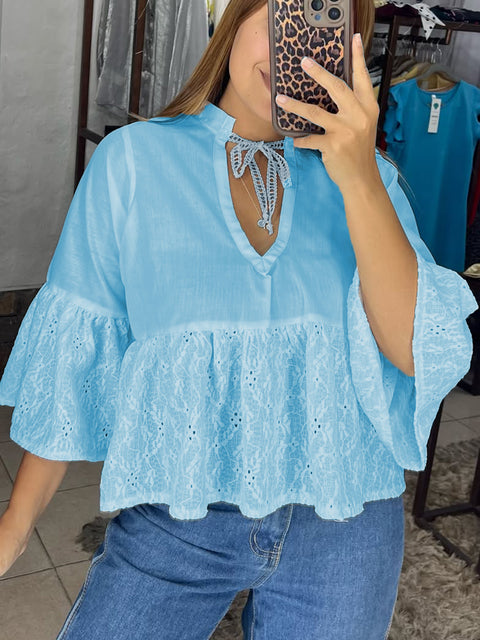 Women's Elegant Lace Flared Sleeve Shirt Top
