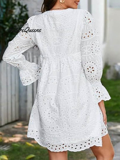 Women's Fringed V-neck Long-sleeve Hollow Lace Stylish Solid Color Cotton Dress