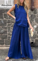 Women's Solid Color Casual Loose Stylish Sleeveless Top Pants Two Piece Suit
