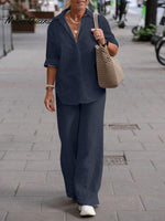 Women's Solid Color Casual Loose Long Sleeve Shirt Wide Leg Pants Two-piece Suit