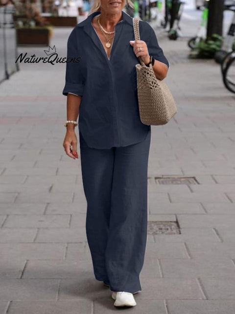 Women's Solid Color Casual Loose Long Sleeve Shirt Wide Leg Pants Two-piece Suit
