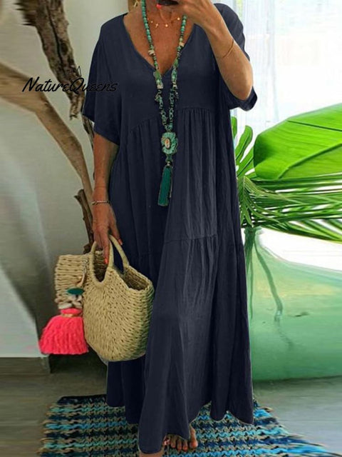 Women's Loose Stylish Solid Color V-neck Irregular Cotton Long Dress