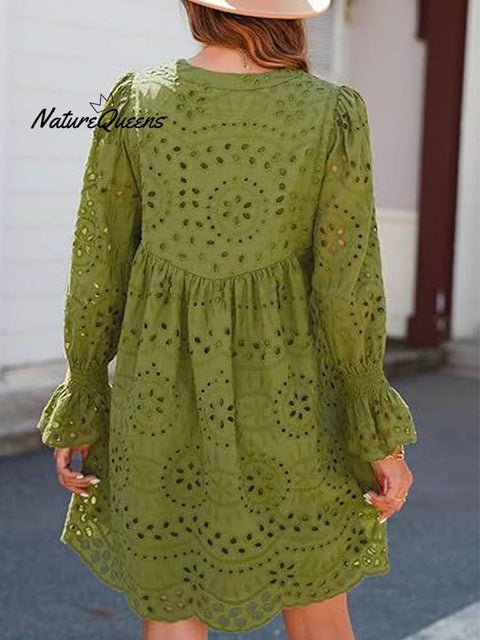 Women's Fringed V-neck Long-sleeve Hollow Lace Stylish Solid Color Cotton Dress