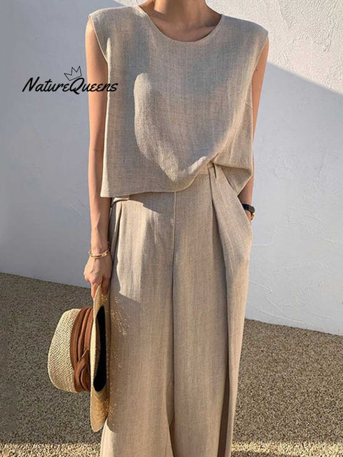 Women's Solid Color Casual Elegant Stylish Sleeveless Top Wide-leg Pants Two-piece Suit