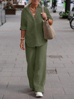 Women's Solid Color Casual Loose Long Sleeve Shirt Wide Leg Pants Two-piece Suit