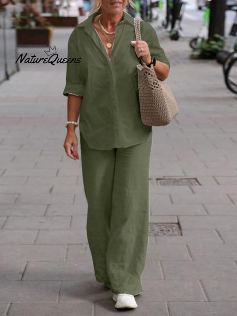 Women's Solid Color Casual Loose Long Sleeve Shirt Wide Leg Pants Two-piece Suit