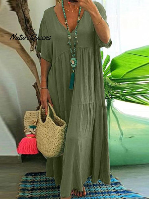 Women's Loose Stylish Solid Color V-neck Irregular Cotton Long Dress