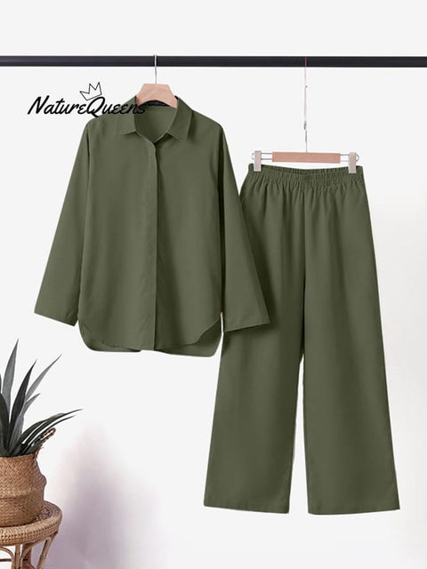 Women's Solid Color Casual Loose Long Sleeve Shirt Wide Leg Pants Two-piece Suit