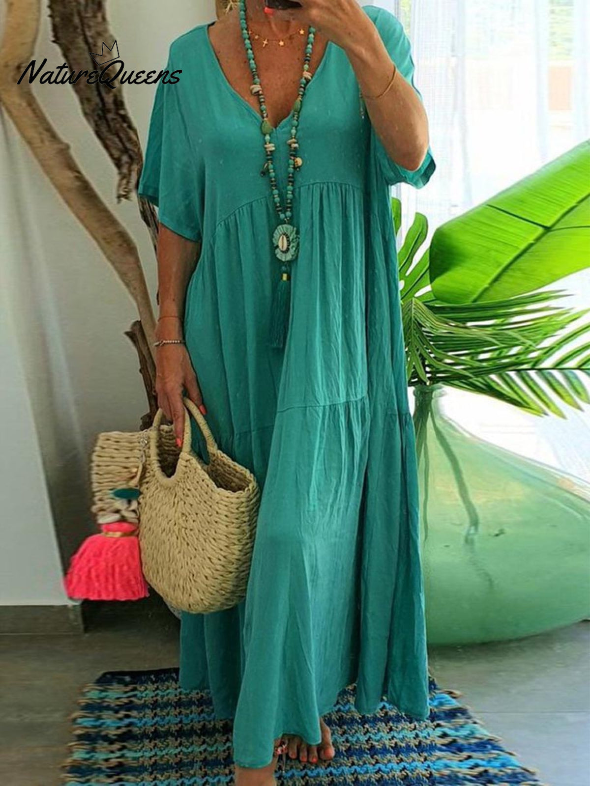 Women's Loose Stylish Solid Color V-neck Irregular Cotton Long Dress