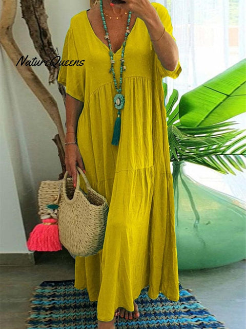 Women's Loose Stylish Solid Color V-neck Irregular Cotton Long Dress