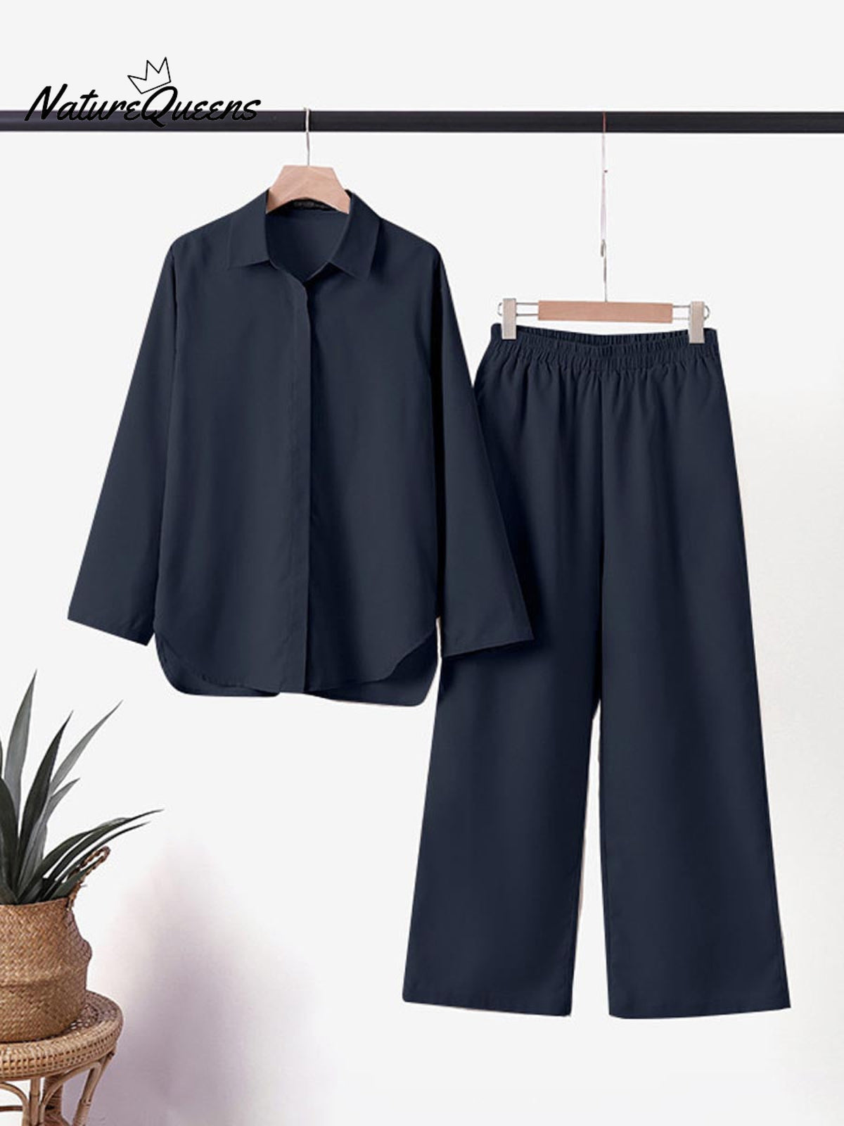 Women's Solid Color Casual Loose Long Sleeve Shirt Wide Leg Pants Two-piece Suit