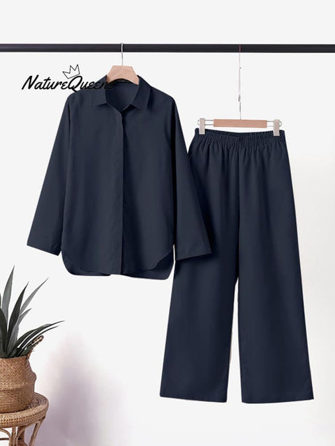 Women's Solid Color Casual Loose Long Sleeve Shirt Wide Leg Pants Two-piece Suit