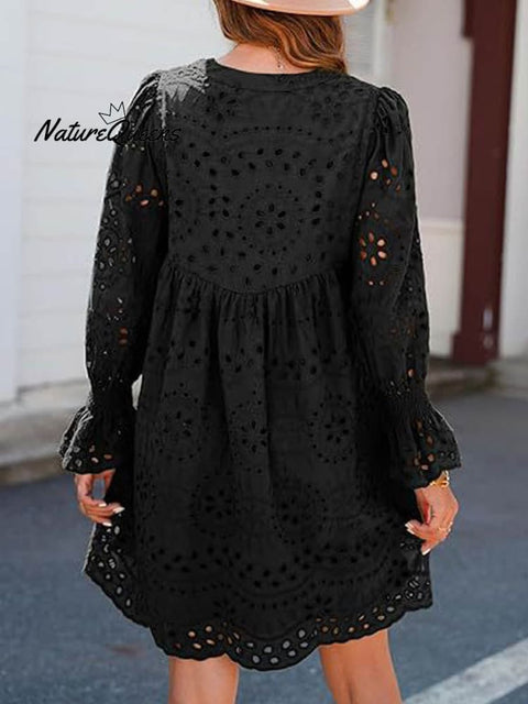 Women's Fringed V-neck Long-sleeve Hollow Lace Stylish Solid Color Cotton Dress