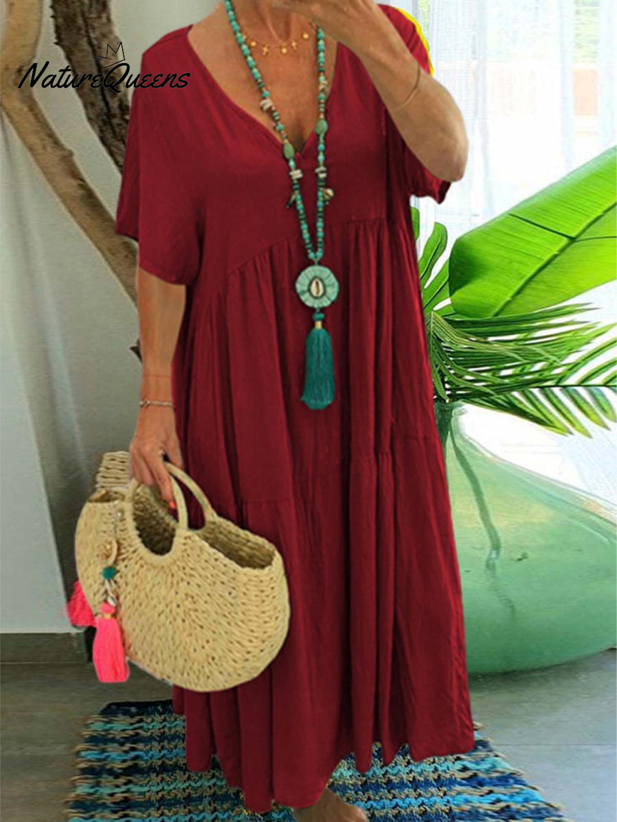 Women's Loose Stylish Solid Color V-neck Irregular Cotton Long Dress