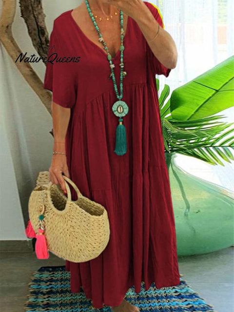 Women's Loose Stylish Solid Color V-neck Irregular Cotton Long Dress