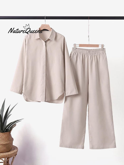 Women's Solid Color Casual Loose Long Sleeve Shirt Wide Leg Pants Two-piece Suit