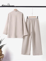 Women's Solid Color Casual Loose Long Sleeve Shirt Wide Leg Pants Two-piece Suit